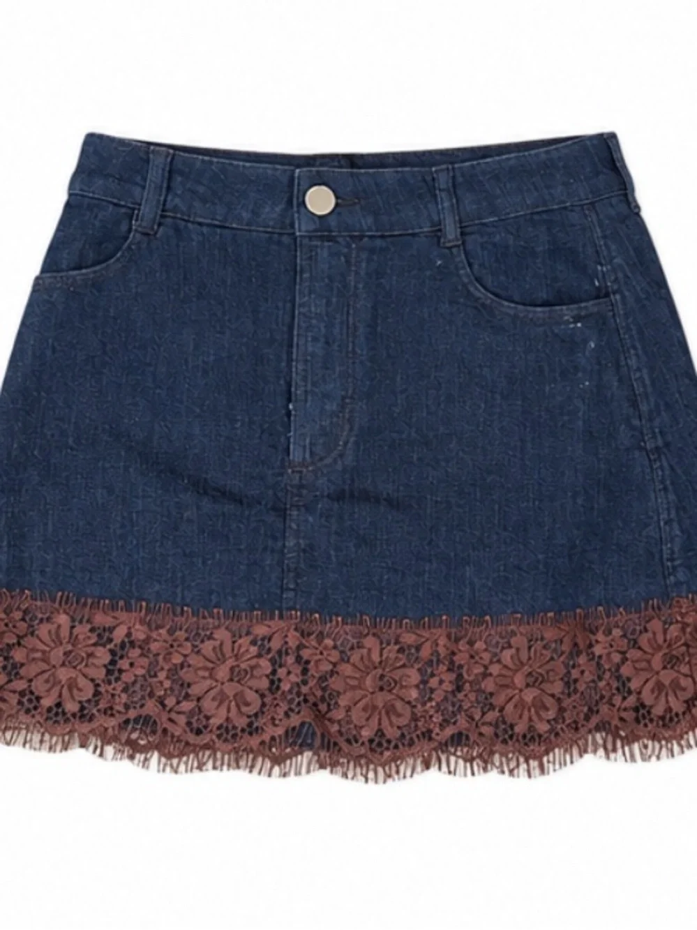 Abercrombie & Fitch Dark Blue Denim Mini Skirt with Brown Lace Hem